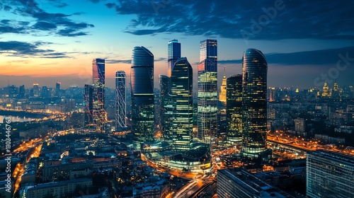 Wallpaper Mural Moscow skyline with skyscrapers lit up at dusk. Torontodigital.ca