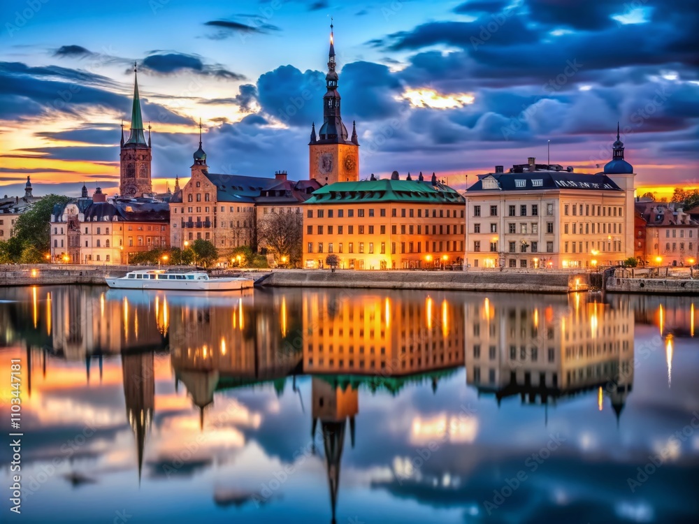 Naklejka premium Captivating Low Light Photography of Riddarholmen: A Stunning View of Historic Architecture and Reflections on Water at Dusk with Atmospheric Lighting and Tranquil Vibes