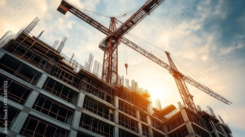 High-rise building construction site with cranes and scaffolding at sunset, highlighting progress in urban development and modern architecture.