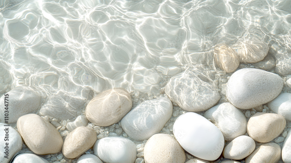 serene view of crystal clear water gently flowing over smooth pebbles, creating tranquil atmosphere. sunlight reflects beautifully on surface, enhancing peaceful scene serene view of crystal clear water gently flowing over smooth pebbles, creating tranquil atmosphere. sunlight reflects beautifully on surface, enhancing peaceful scene