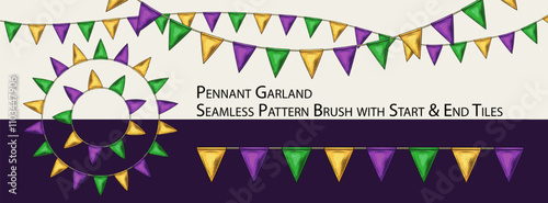Pattern seamless brush with festive garland with triangular pennants. Triangular flags on string. Traditional Mardi Gras colors. No transparency