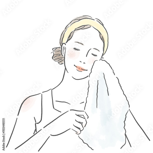 タオルで顔を拭いている若い女性の上半身