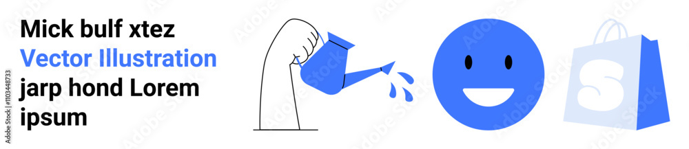 Smile face, blue watering can pouring water, a blue happy face, and a blue shopping bag with white S. Ideal for e-commerce, gardening, social media, branding, and marketing. Landing page Smile face, blue watering can pouring water, a blue happy face, and a blue shopping bag with white S. Ideal for e-commerce, gardening, social media, branding, and marketing. Landing page