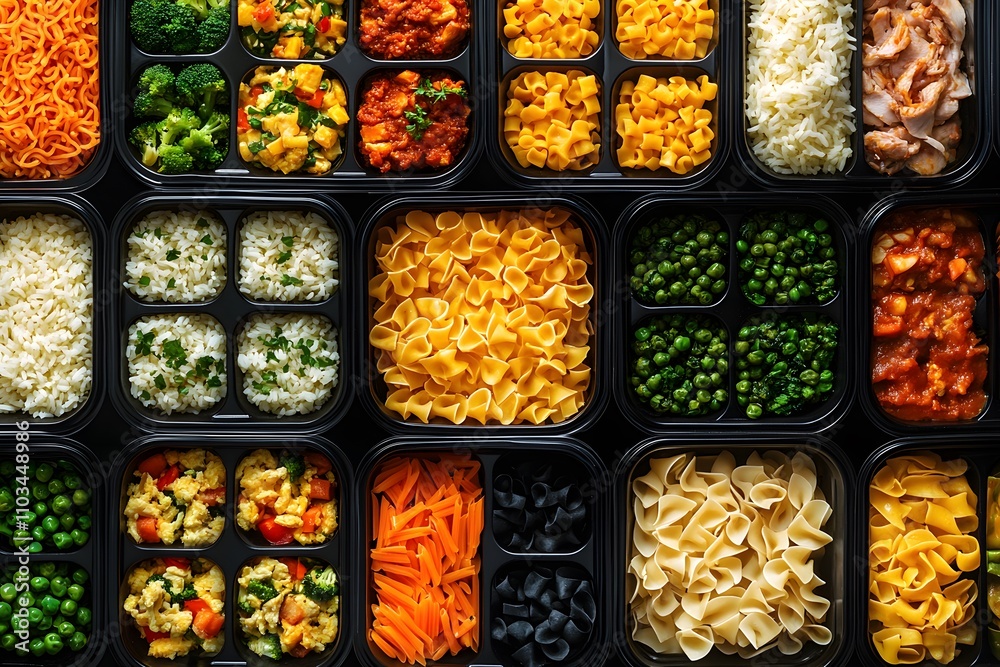 Food delivery containers with different delicious meals on dark background
Food delivery containers with different delicious meals on dark background