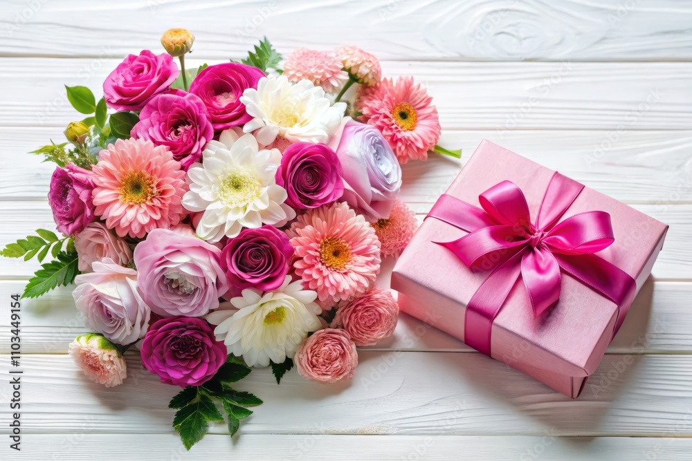 Stunning Aerial View of a Beautiful Bouquet of Roses and Chrysanthemums with a Pink Gift Box on a White Table - Perfect for Holiday, Birthday, Wedding, Mother's Day, and Valentine's Day Celebrations Stunning Aerial View of a Beautiful Bouquet of Roses and Chrysanthemums with a Pink Gift Box on a White Table - Perfect for Holiday, Birthday, Wedding, Mother's Day, and Valentine's Day Celebrations