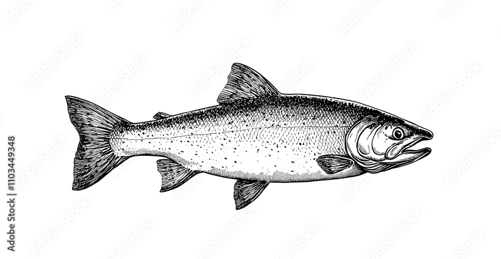 Fototapeta premium Fish sketch salmon trout. Vintage retro print, black white salmon trout fish sketch ink pencil style drawing, linear drawing, engrave old school. Sketch artwork salmon trout fish. Illustration