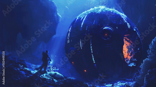 futuristic underwater research team encountering an alien pod nestled in coral, pulsating with bioluminescence, with strange glyphs etched into its surface photo