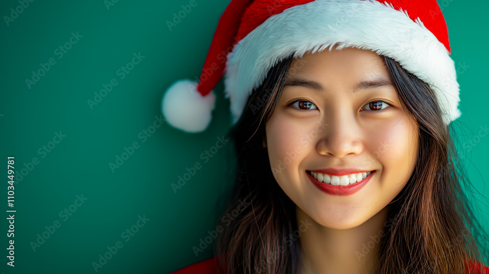 Vibrant Close-Up of a Joyful Female Asian Santa Claus Wearing Bold Red and White Hat Against Pastel Green Background for Festive Campaigns Vibrant Close-Up of a Joyful Female Asian Santa Claus Wearing Bold Red and White Hat Against Pastel Green Background for Festive Campaigns