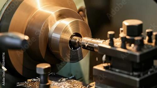 Precision metalworking: lathe turning process with sparks in motion