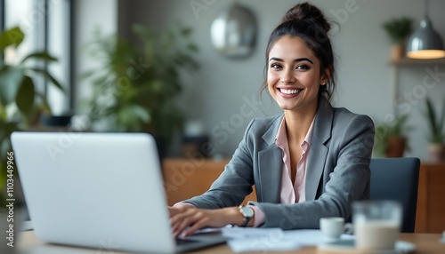 Happy female executive manager looking at camera sitting at workplace with laptop