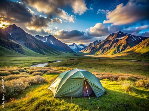 Stunning Greengrey Backpacking Tent Set Against the Breathtaking Tundra Landscape in the Brooks Range Mountains, Arctic National Wildlife Refuge, Alaska on a Sunny Summer Day photo