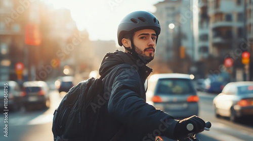 Man in a helmet and gloves stands with his bicycle in a city street at sunset. photo