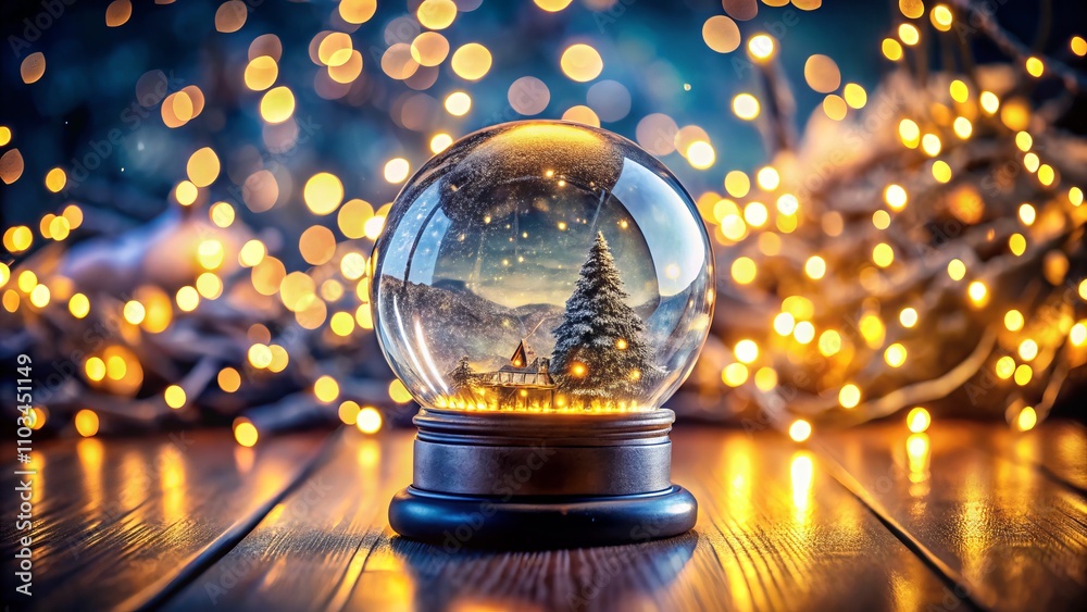 Stunning Water Globe with Bokeh Effect Surrounded by Soft Glowing Lights, Perfect for Holiday Themes, Decor, and Magical Atmospheres in Stock Photography Collections Stunning Water Globe with Bokeh Effect Surrounded by Soft Glowing Lights, Perfect for Holiday Themes, Decor, and Magical Atmospheres in Stock Photography Collections