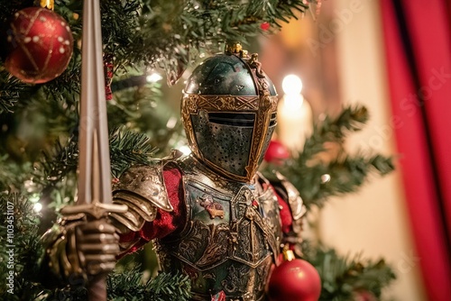 a close up of a christmas tree with a knight figurine photo