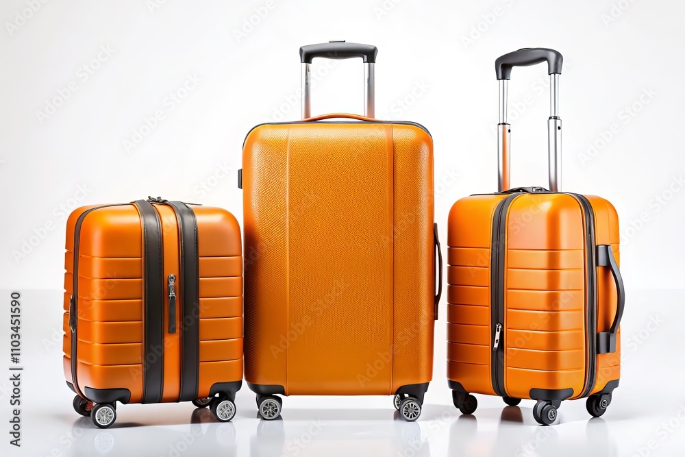 Stylish Orange Travel Bag Set: Front, Back, and Side Views of a Modern Suitcase on a Clean White Background with Ample Copy Space for Branding and Marketing Use Stylish Orange Travel Bag Set: Front, Back, and Side Views of a Modern Suitcase on a Clean White Background with Ample Copy Space for Branding and Marketing Use