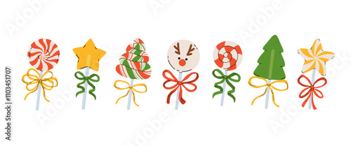 Traditional christmas sweets with bow on a white background. Set of christmas candy decoration. Merry Christmas. Flat cartoon vector illustration