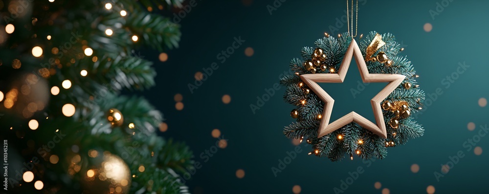 Christmas wreath with stars, balls, decor and golden lights hanging against green background. Christmas and New Year celebration. Winter holiday decoration. Greeting card, banner with copy space Christmas wreath with stars, balls, decor and golden lights hanging against green background. Christmas and New Year celebration. Winter holiday decoration. Greeting card, banner with copy space
