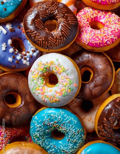 Delicious assorted colorful donuts on the table.