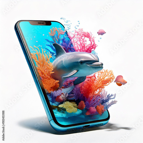 Dolphin jumping out of smartphone: aquarium 3D illustration on white background.