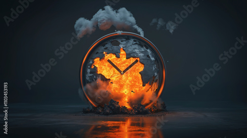 A hyper-realistic depiction of the Doomsday Clock at one minute to midnight. The clock is cracked, glowing faintly with radioactive energy, as smoke and debris swirl around it.  photo