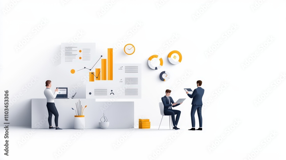 A flat-style vector illustration of diverse business professionals reviewing documents with graphs, conducting business analysis, isolated on a clean white background. A flat-style vector illustration of diverse business professionals reviewing documents with graphs, conducting business analysis, isolated on a clean white background.