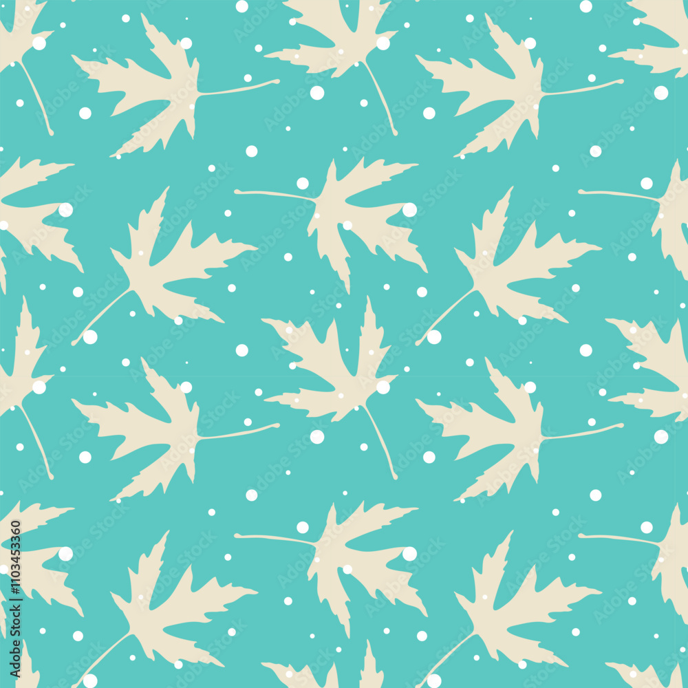 Cold bright blue winter pattern with frozen leaves and snowflakes.
