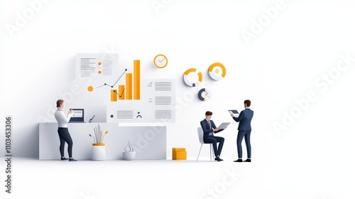 A flat-style vector illustration of diverse business professionals reviewing documents with graphs, conducting business analysis, isolated on a clean white background.