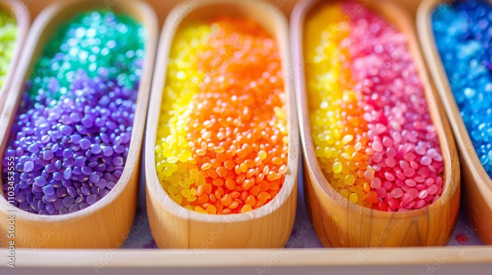 Rainbow sensory rice arranged in elongated wooden bowls on a tabletop. Montessori-inspired sensory activity for children’s tactile learning and creative exploration. Generative AI Rainbow sensory rice arranged in elongated wooden bowls on a tabletop. Montessori-inspired sensory activity for children’s tactile learning and creative exploration. Generative AI