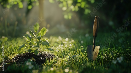 Young Plantling and Trowel in a Sunlit Garden