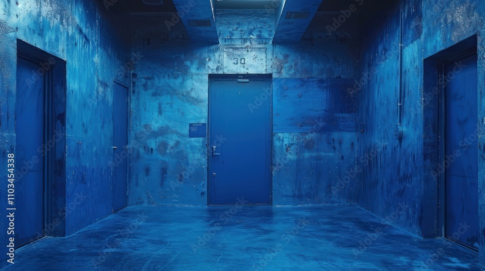 Obraz premium A monochromatic blue corridor featuring multiple doors and textured walls.