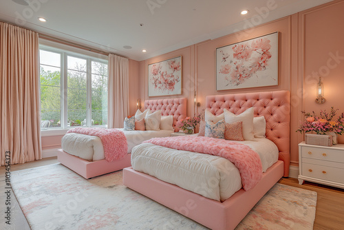 chambre à coucher enfants fille, décoration girly, lit baldaquin, intérieur 3D réaliste, décoration, tendance, architecte, design, mode, confortable, coloré, fun	
