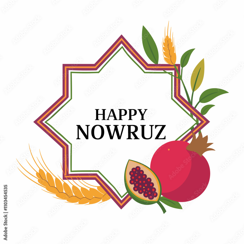Happy Nowruz Illustration with Pomegranate and Wheat Design Happy Nowruz Illustration with Pomegranate and Wheat Design