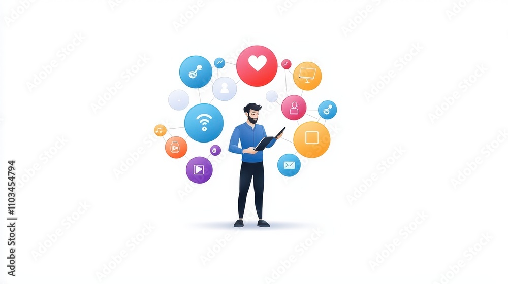 A sleek vector illustration of a man texting on his smartphone with interactive chat bubbles representing social media marketing, presented on a white backdrop. A sleek vector illustration of a man texting on his smartphone with interactive chat bubbles representing social media marketing, presented on a white backdrop.