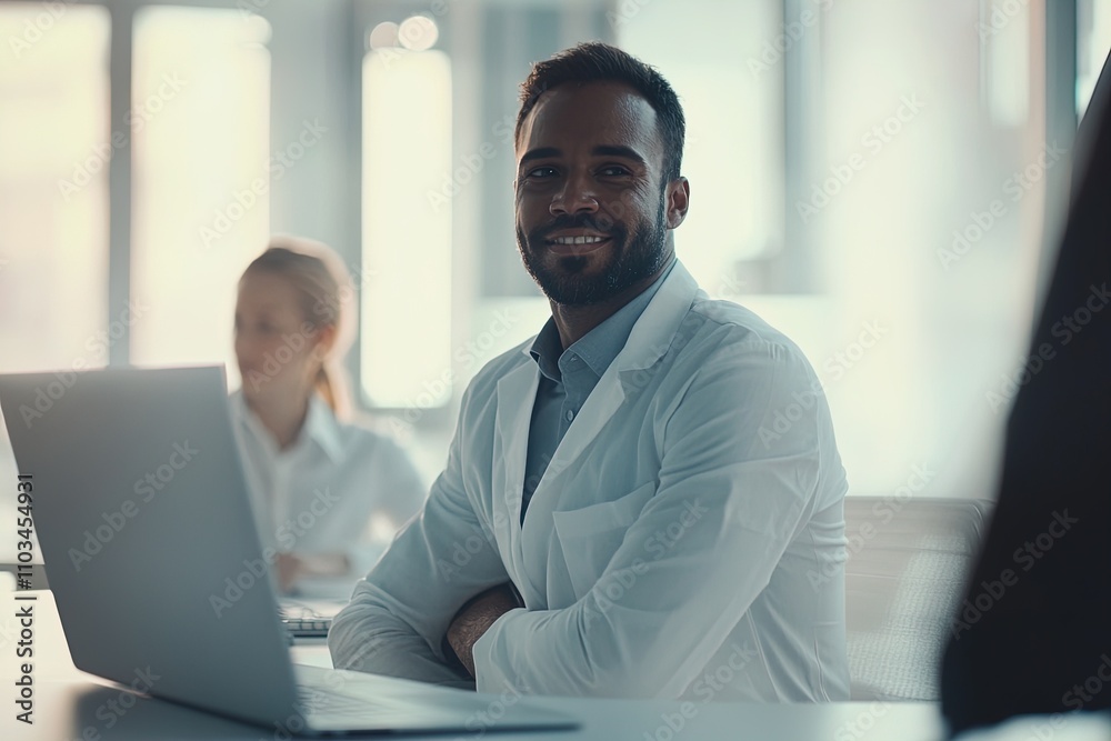 Medical professional smiles while working in a modern office environment during a team meeting Medical professional smiles while working in a modern office environment during a team meeting