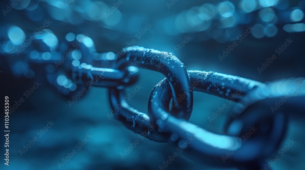 A close-up of a metallic chain submerged in water, illuminated with a blue hue. A close-up of a metallic chain submerged in water, illuminated with a blue hue.