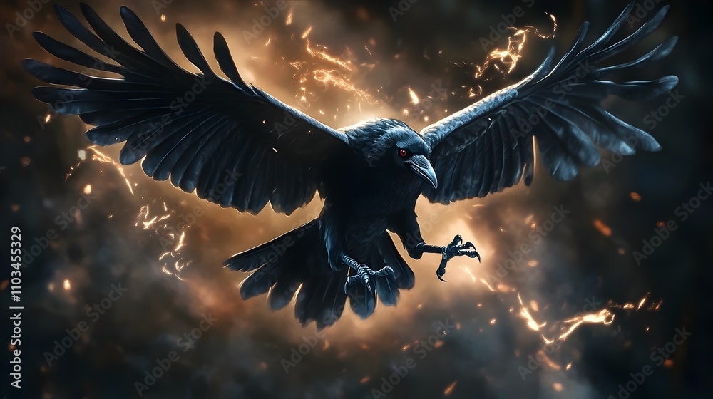 Fototapeta premium Ebony Raven Familiar in Supernatural Flight over Dramatic Painterly Landscape