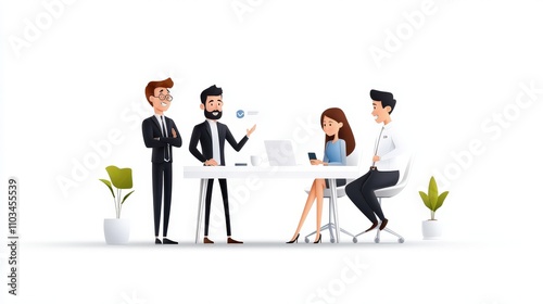 Business colleagues in a meeting discussing work strategies. A professional group of male and female employees brainstorming ideas and collaborating on a project in an office environment.