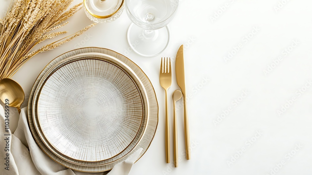 Elegant Table Setting with Gold Cutlery, Wheat, and Textured Plates