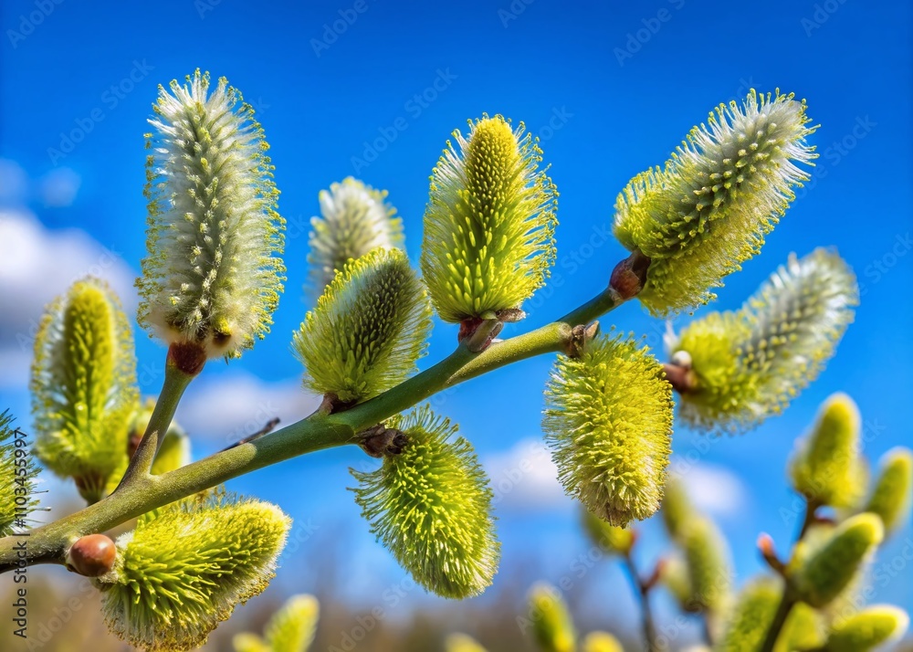 Captivating Product Photography of Catkins Against a Stunning Blue Sky Showcasing Nature's Beauty and Delicacy in Springtime, Perfect for Natural and Floral Themes Captivating Product Photography of Catkins Against a Stunning Blue Sky Showcasing Nature's Beauty and Delicacy in Springtime, Perfect for Natural and Floral Themes