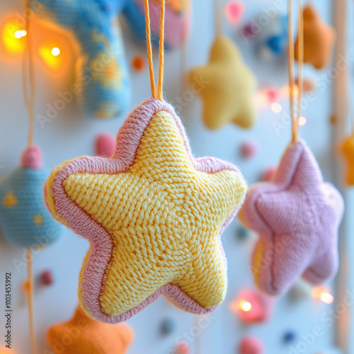 Knitted star decorations with fairy lights background