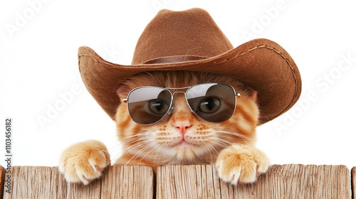 A stylish cat wearing a cowboy hat and sunglasses peeks over a fence, exuding a playful and confident vibe.