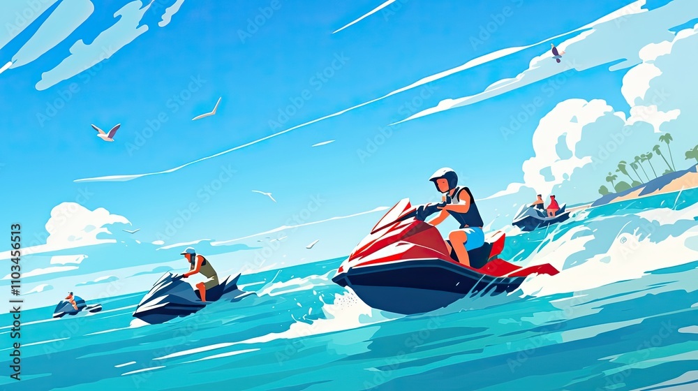 People Enjoying Jetskiing On A Sunny Day At The Beach People Enjoying Jetskiing On A Sunny Day At The Beach