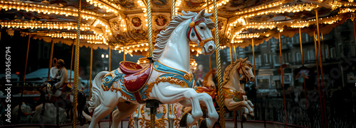 Spin and swirl on a magical carousel horse at the exhilarating theme park ride. photo