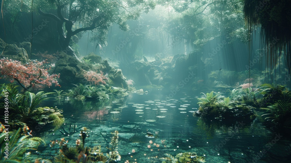 Fototapeta premium A serene forest scene with a tranquil pond, illuminated by soft rays of light.