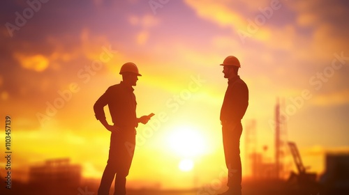 Wallpaper Mural Engineer and construction worker silhouetted against a vibrant sunset sky, inspecting a project at the building site. Evening construction scene with strong shadows and sunlight. Torontodigital.ca