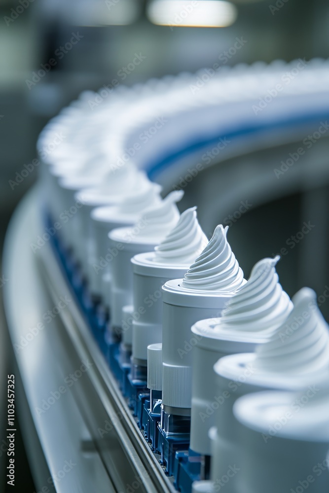 Cosmetic Manufacturing Automatic Precision Nozzle Dispensing White Cream. Close Up. Cosmetic Manufacturing Automatic Precision Nozzle Dispensing White Cream. Close Up.