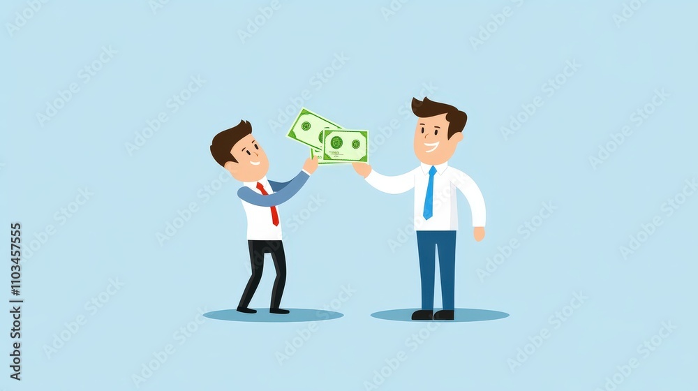 Flat vector design of a business owner receiving money from a bank, symbolizing business loan agreements, debt approvals, and small business lending opportunities. Flat vector design of a business owner receiving money from a bank, symbolizing business loan agreements, debt approvals, and small business lending opportunities.
