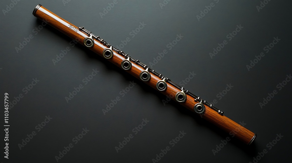 Fototapeta premium A wooden flute rests diagonally on a dark gray surface.