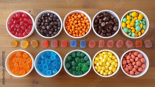 Colorful Candies Arranged in Bowls on Wooden Surface