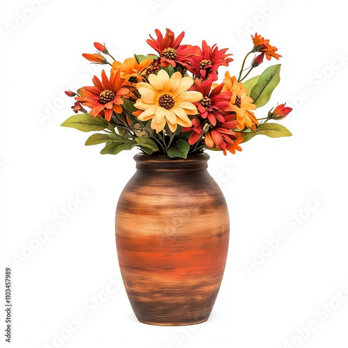 A beautiful ceramic vase filled with vibrant autumn flowers, showcasing a mix of colors including orange, yellow, and red, perfect for seasonal decor.